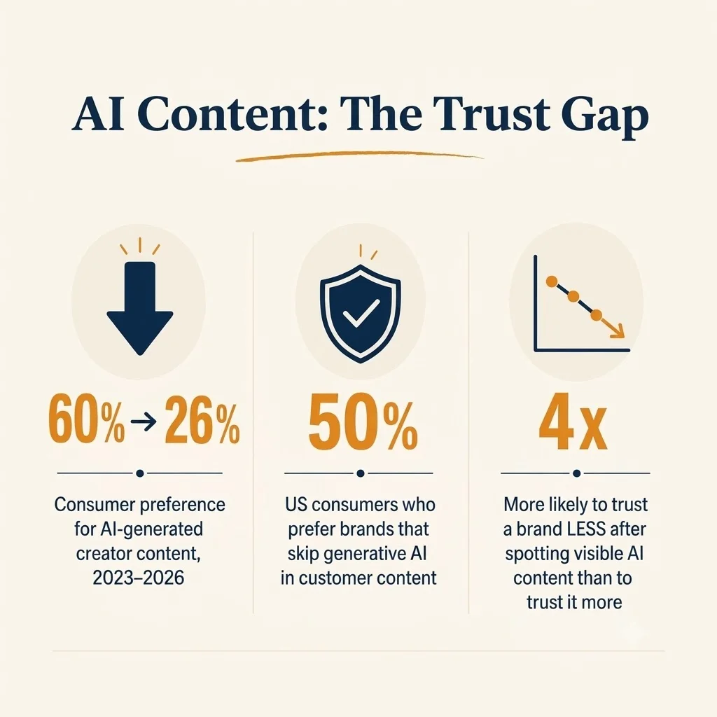 Infographic showing declining consumer trust in AI-generated brand content from 2023 to 2026