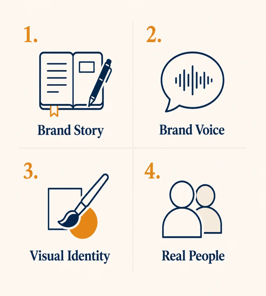 Infographic of four ways human-made branding shows up: story, voice, identity, real people