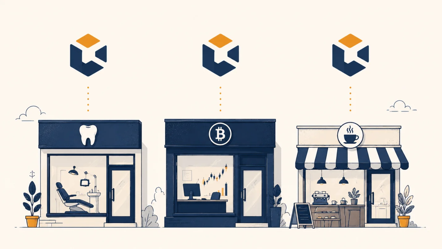 Illustration showing the same generic AI-generated logo fits a dentist, crypto firm, and cafe