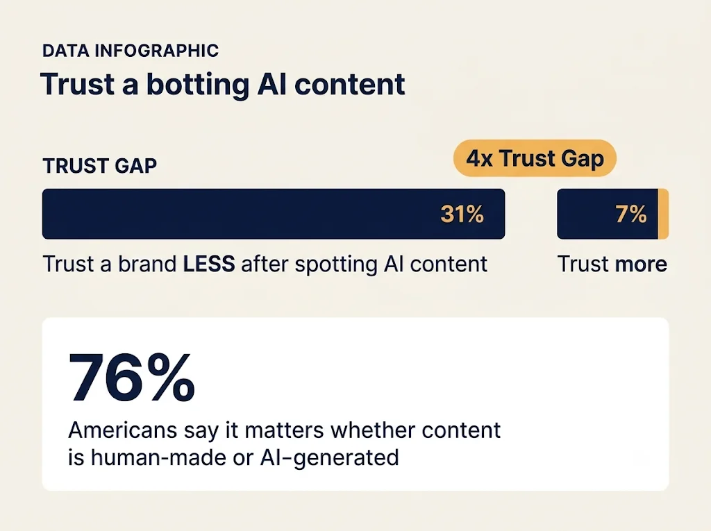 Infographic comparing consumer trust impact of AI-generated versus human-made brand content