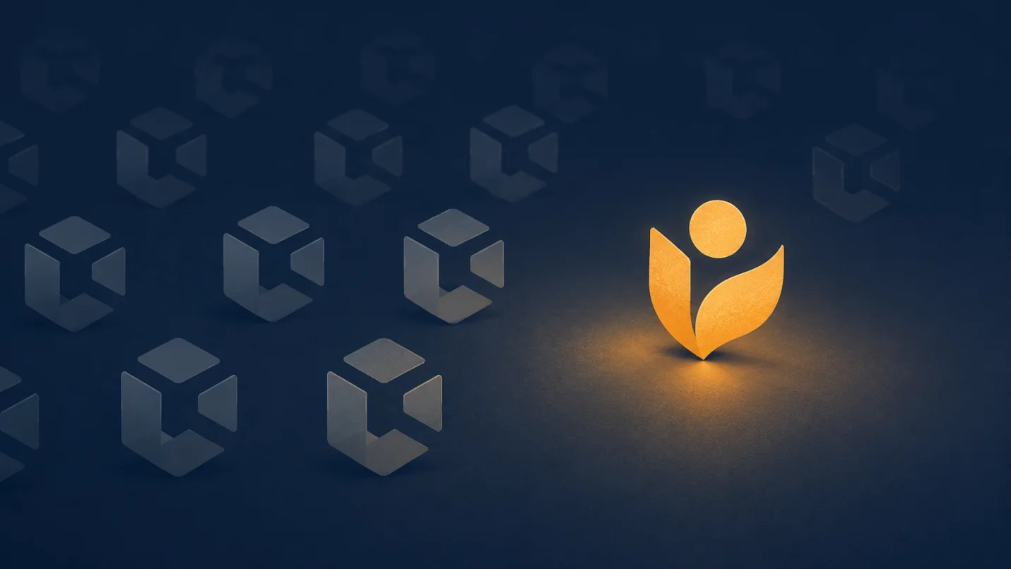 Illustration of one distinctive human-made brand standing out among generic identical logos