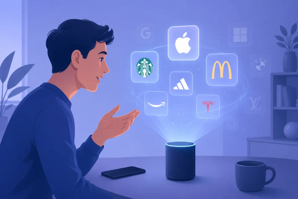 Illustration of a person asking an AI assistant to recommend a brand, some logos visible, some faded