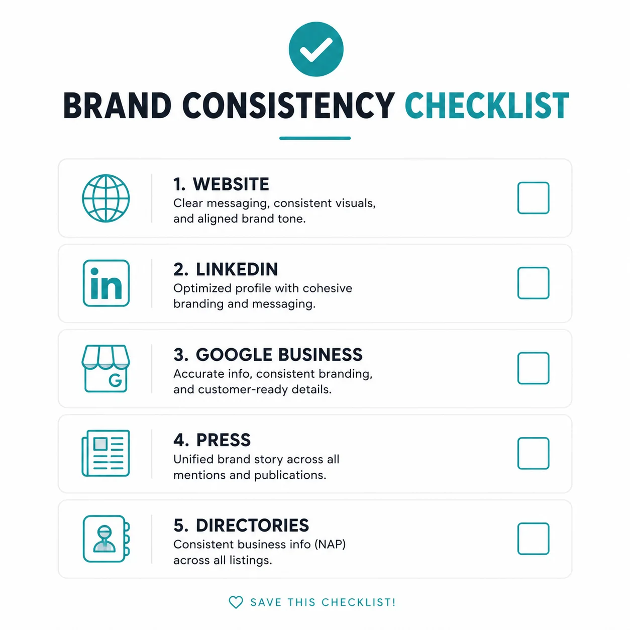Five-point checklist graphic for auditing whether a brand is visible and trustworthy to AI agents