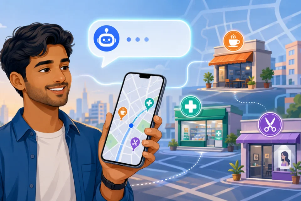 Person using Google Ask Maps AI search feature on smartphone to find nearby business in India