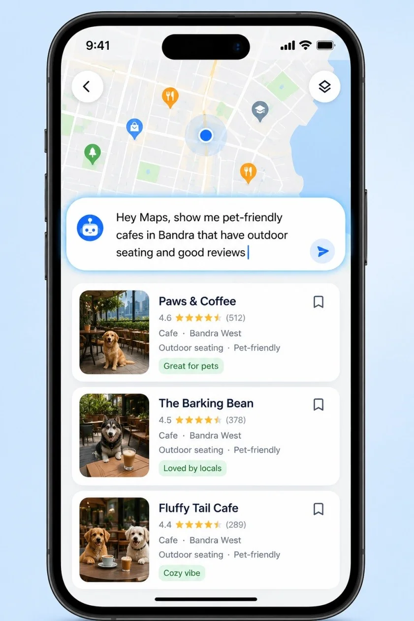 Example of a natural language question typed into Google Ask Maps search bar