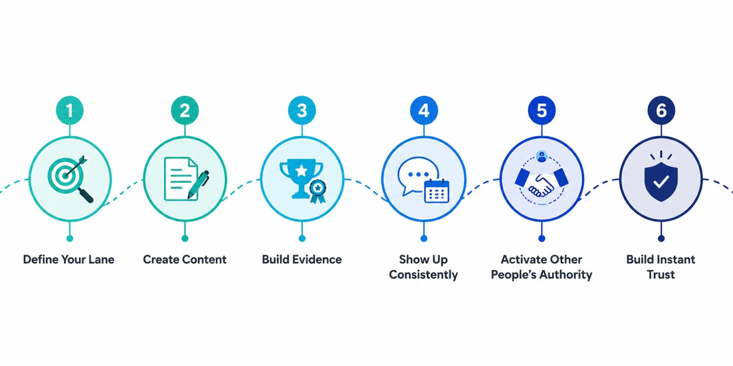 Six-step authority-first marketing framework diagram from niche positioning to brand trust