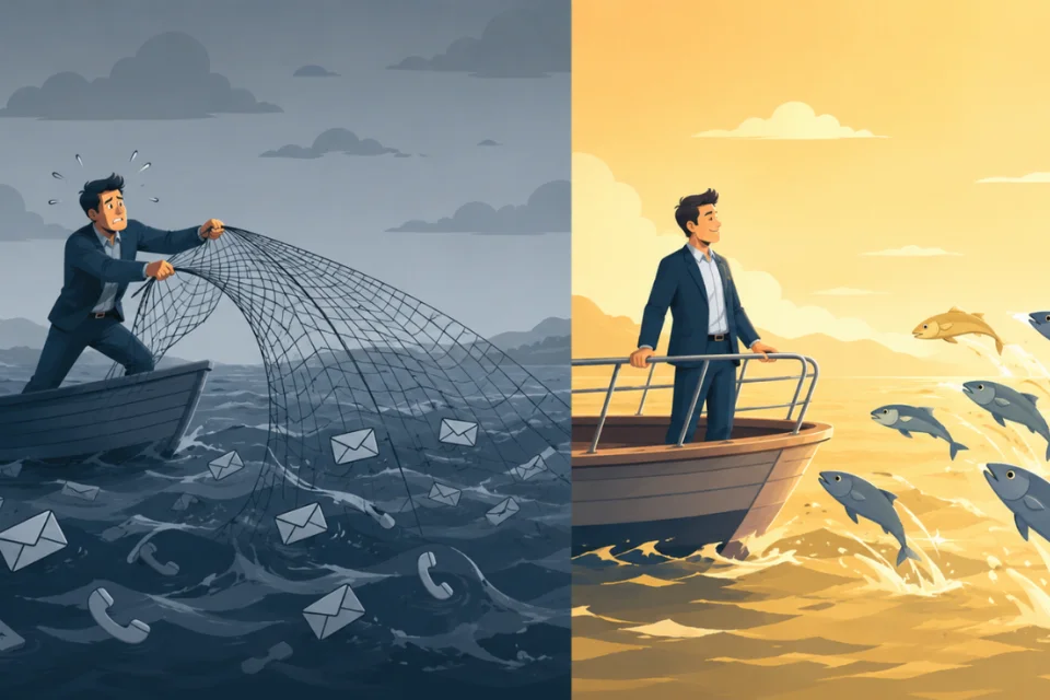 Illustration comparing lead generation tactics with authority-first marketing strategy