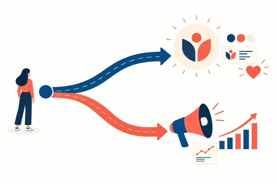 Branding vs marketing concept illustration showing two business growth paths