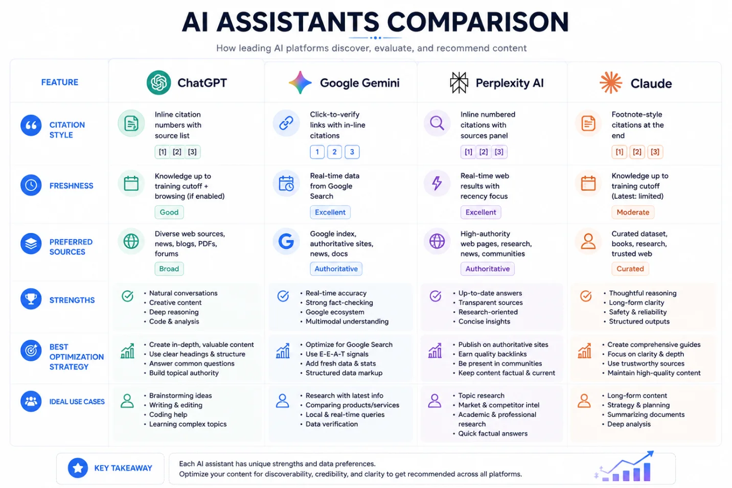 Comparison of ChatGPT, Gemini, Perplexity and Claude for AI search optimization