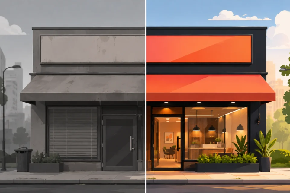 Illustration of a business brand transformation showing before and after identity elements