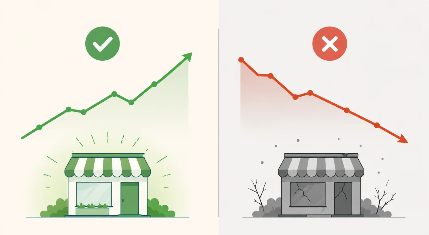 Illustration contrasting a successful rebrand outcome with a failed rebrand outcome
