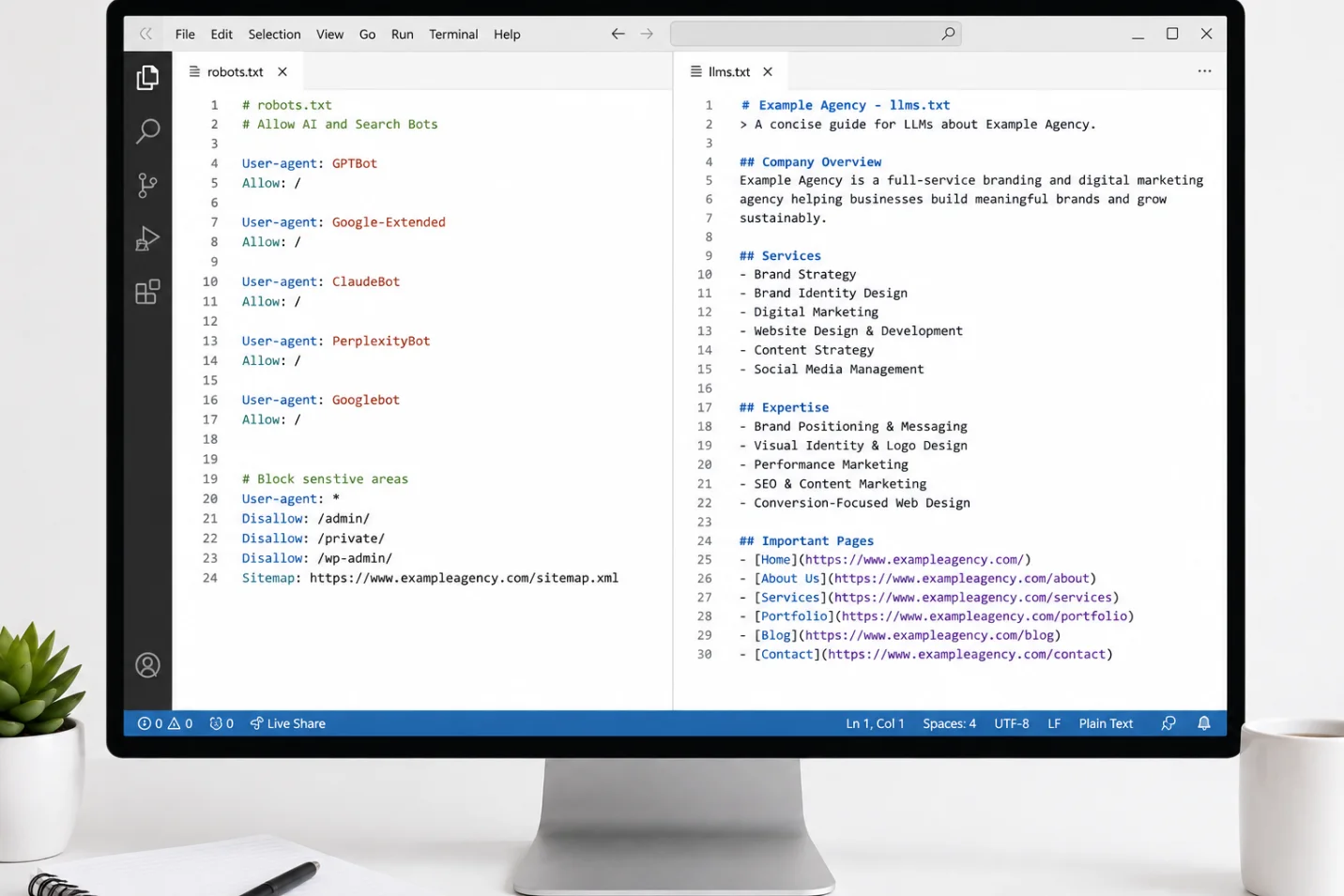 Example of robots.txt and llms.txt files for improving AI visibility