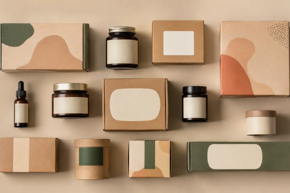 Flat lay of premium custom product packaging boxes and labeled jars representing top packaging design companies in India